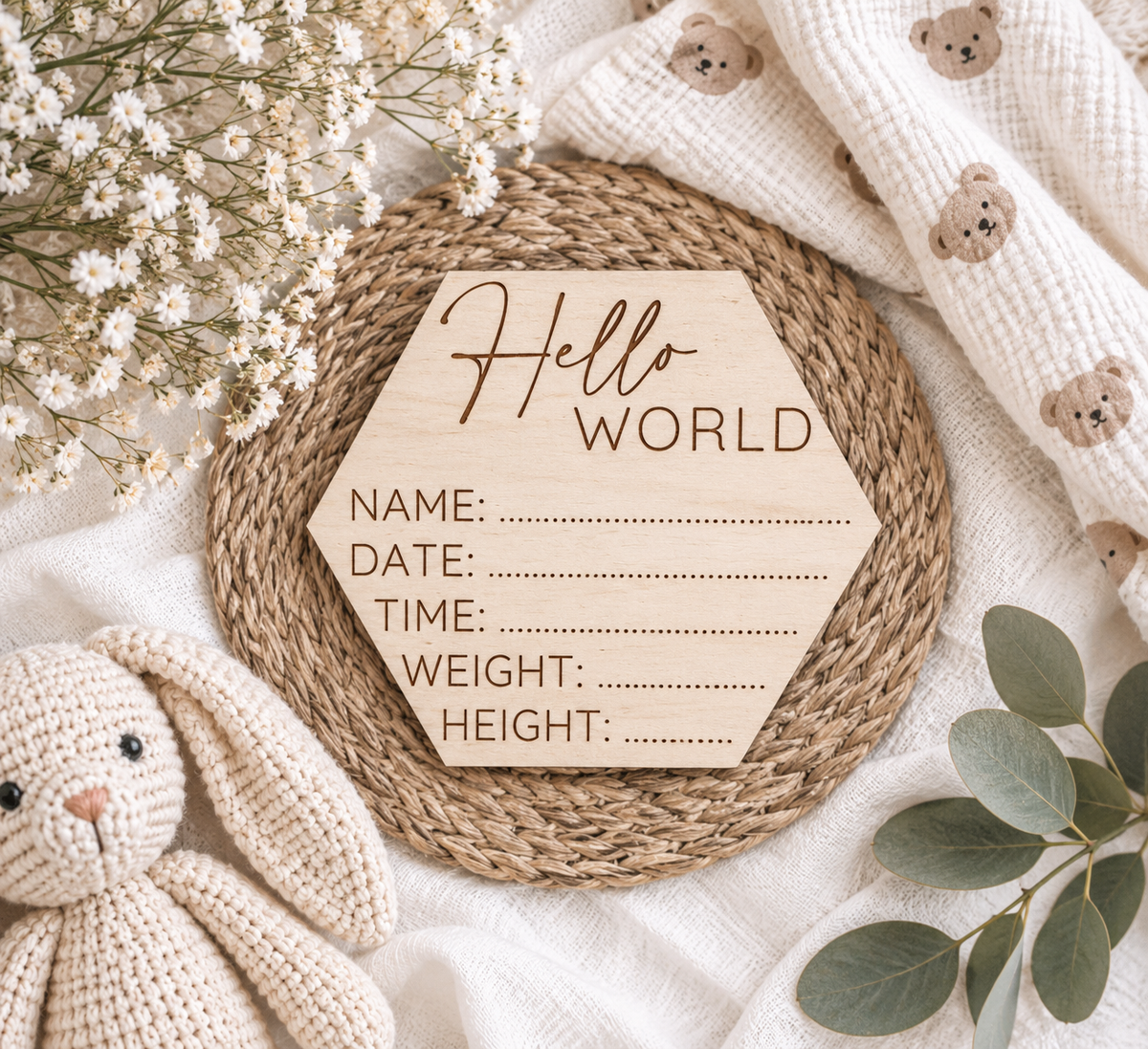 Hello World Birth Stats Sign | Hospital Photo Prop Keepsake - Charlie + Pine