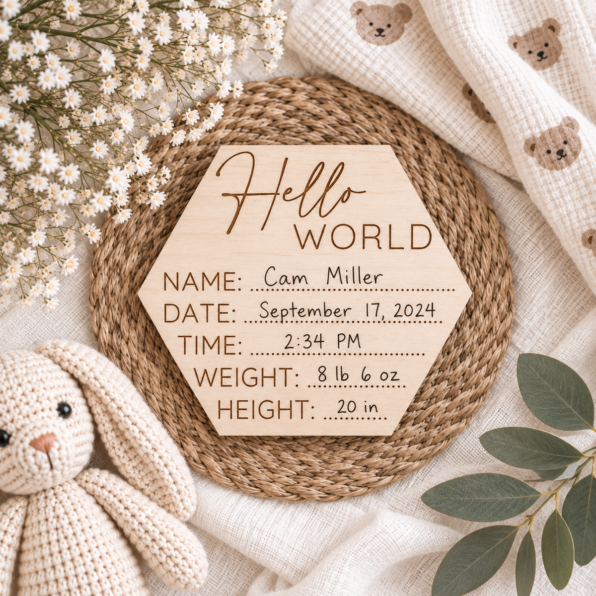 Hello World Birth Stats Sign | Hospital Photo Prop Keepsake - Charlie + Pine