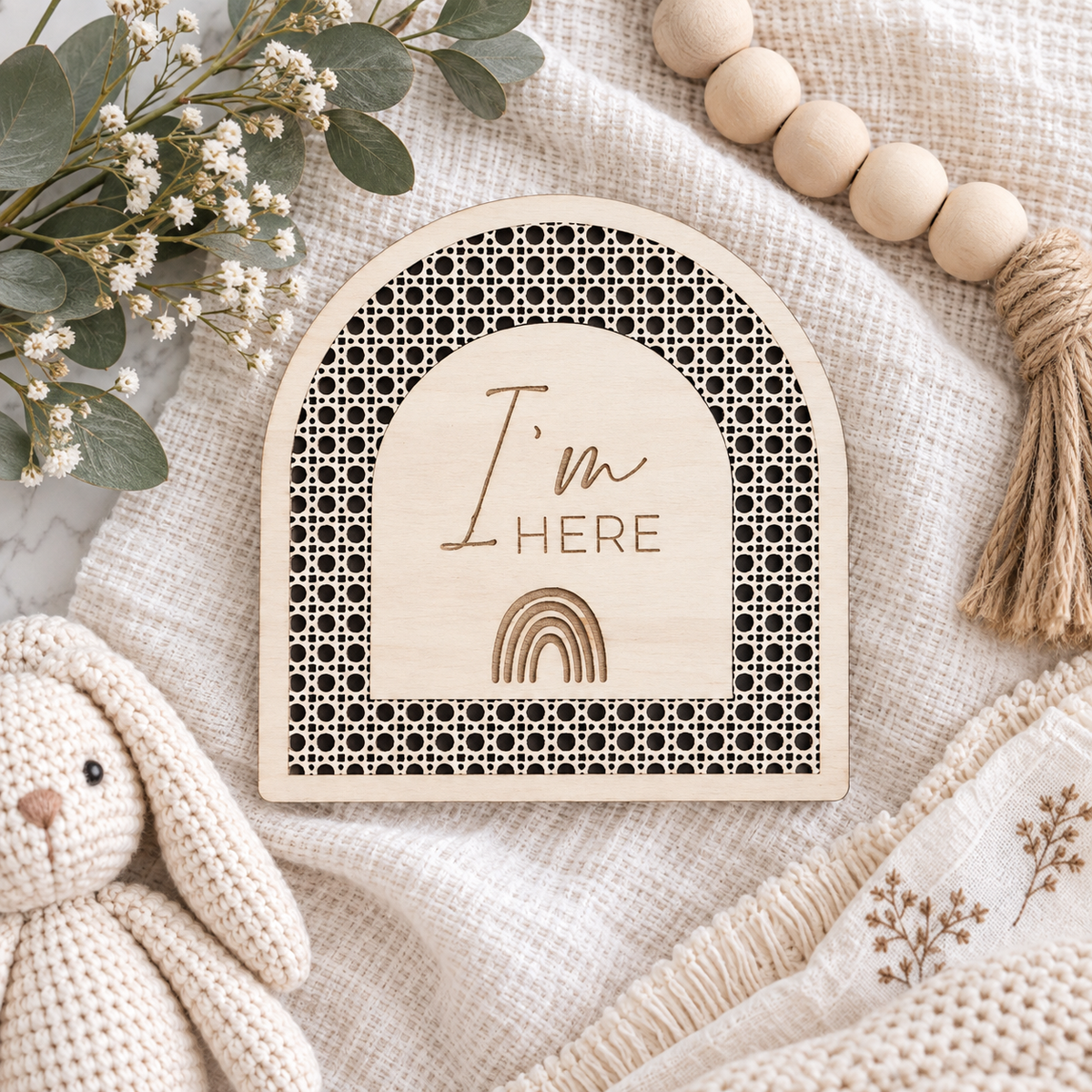 I’m Here Baby Announcement Sign | Hospital Photo Prop | Neutral Boho Birth Sign - Charlie + Pine