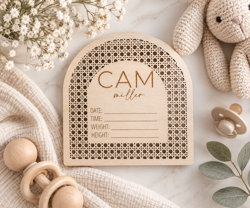 Boho Birth Stats Sign | Rattan Baby Announcement - Charlie + Pine