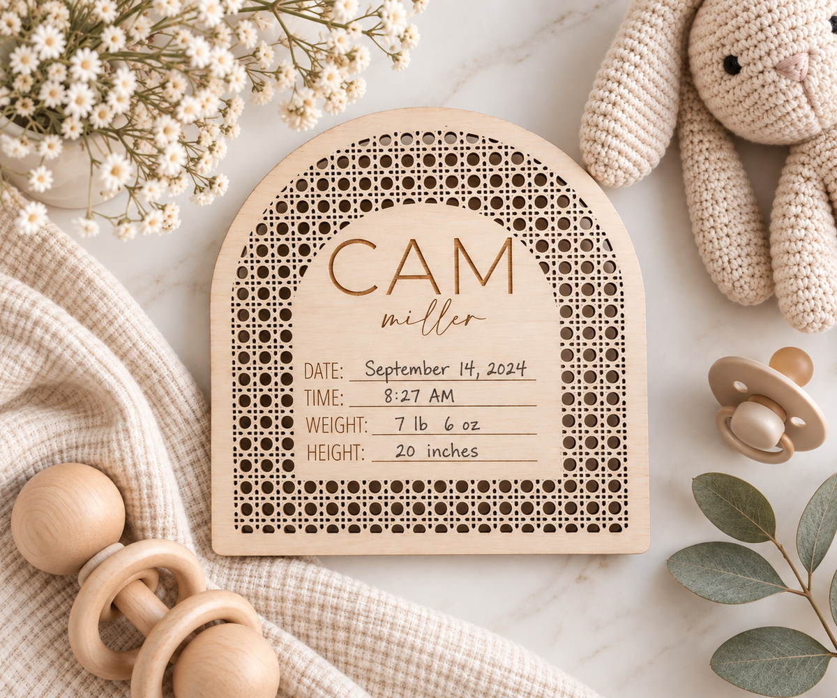 Boho Birth Stats Sign | Rattan Baby Announcement - Charlie + Pine