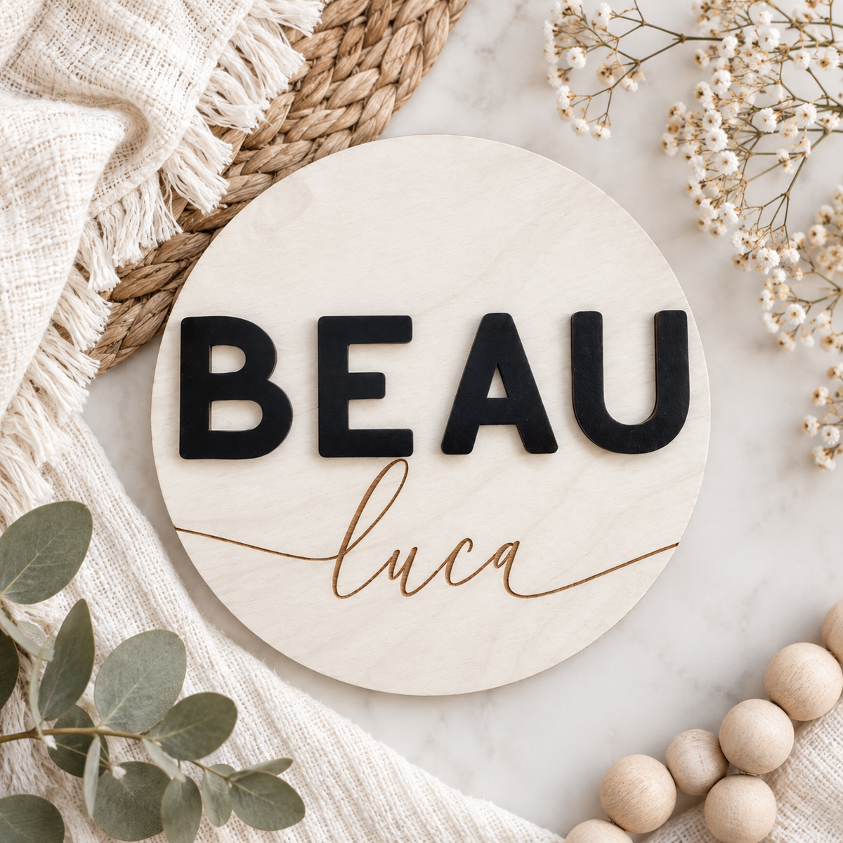 Personalized Nursery Name Sign – Modern Round Baby Name Plaque - Charlie + Pine