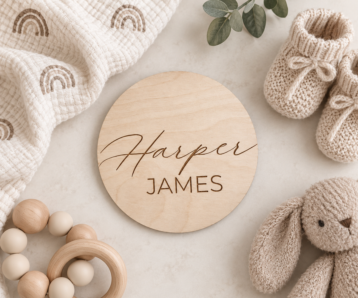 Modern Baby Name Announcement Disc | Engraved Newborn Name Sign - Charlie + Pine