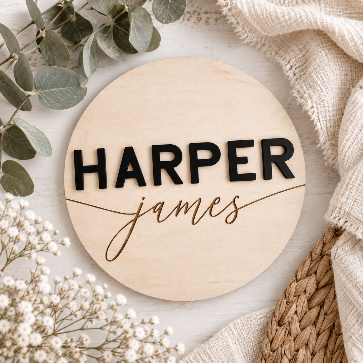Personalized Nursery Name Sign – Modern Round Baby Name Plaque - Charlie + Pine