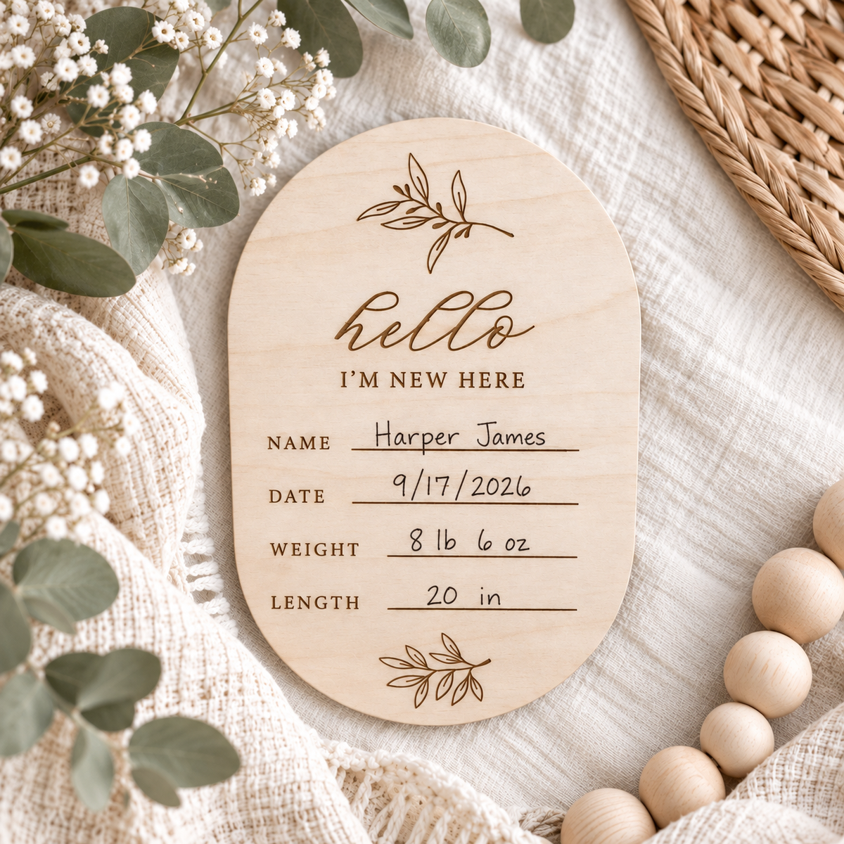 Newborn Announcement Sign | Baby Stats Plaque for Hospital Photos - Charlie + Pine