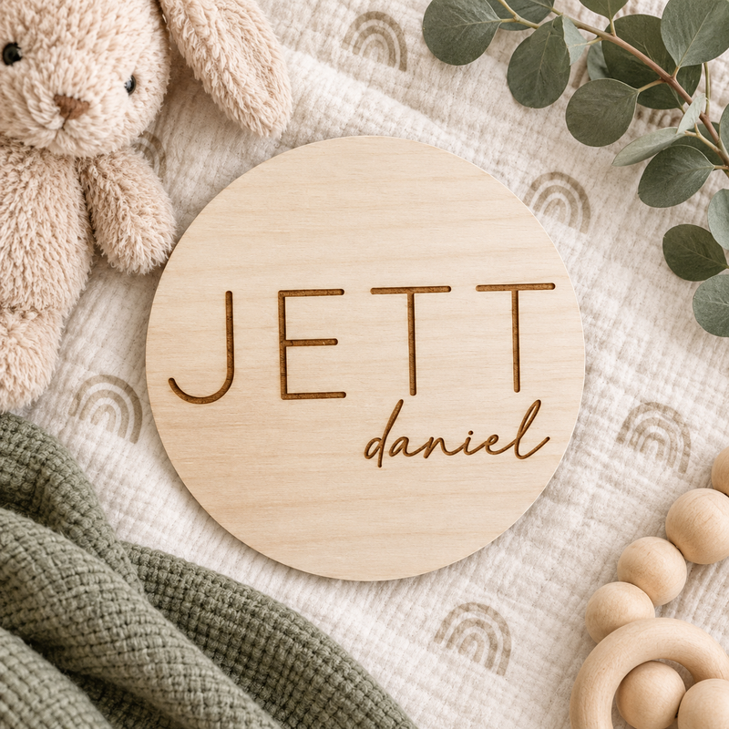 Custom First and Middle Name Sign | Wooden Baby Name Disc - Charlie + Pine