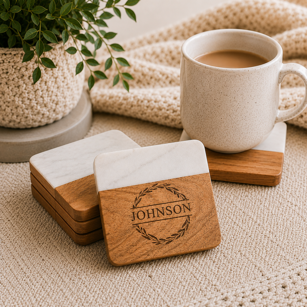 Personalized Monogram Wood & Marble Coaster Set - Charlie + Pine