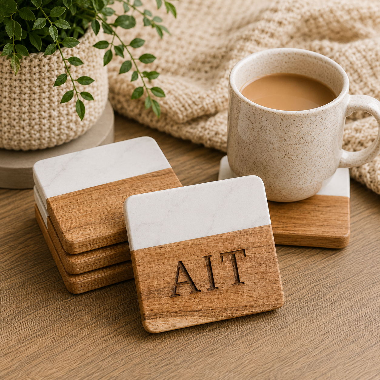 Personalized Wood & Marble Coasters Set of 4 - Charlie + Pine