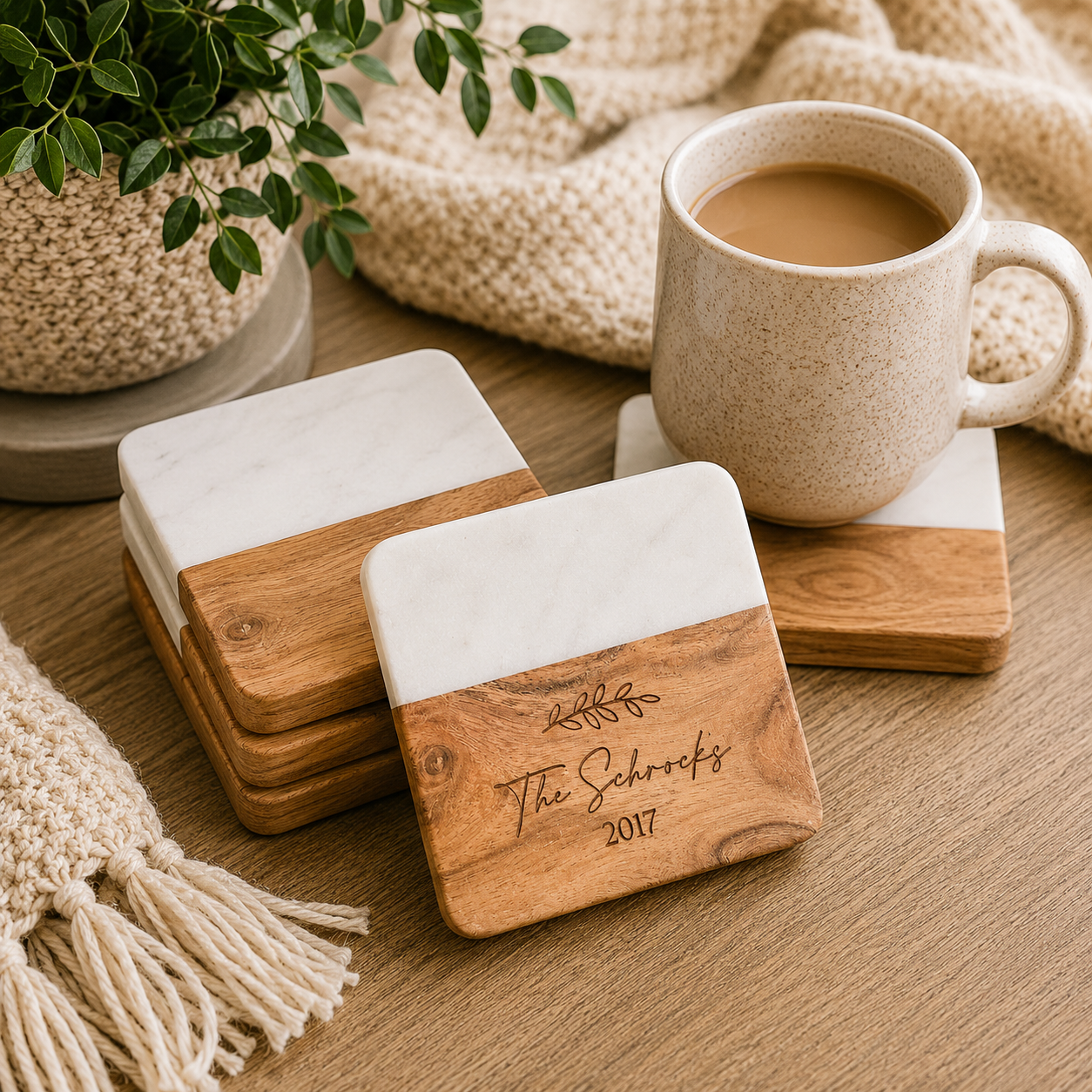 Custom Wood & Marble Coasters Set of 4 - Charlie + Pine