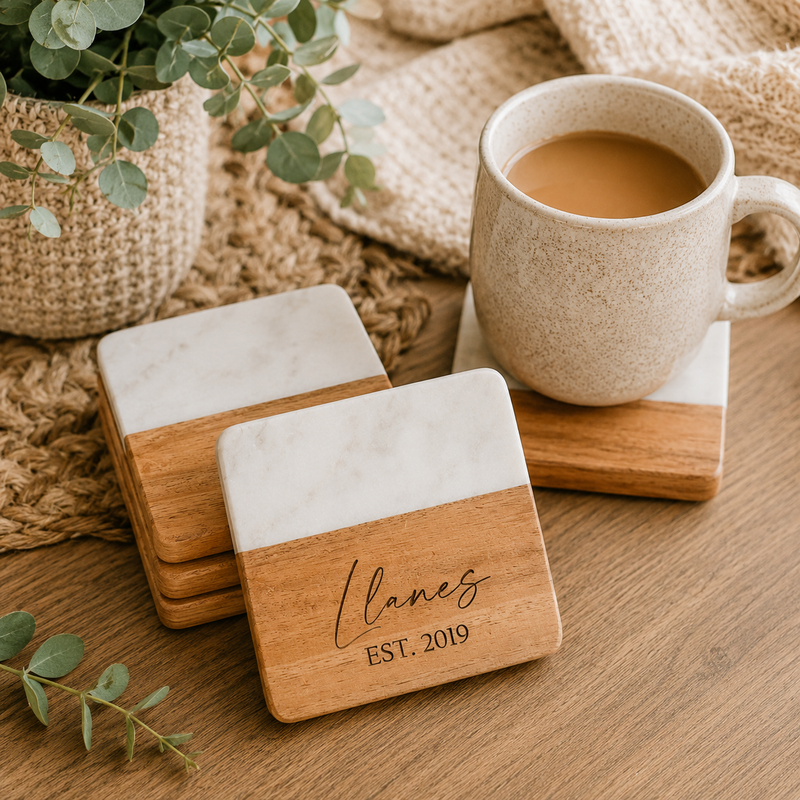 Marble & Wood Coasters Set of 4 - Charlie + Pine