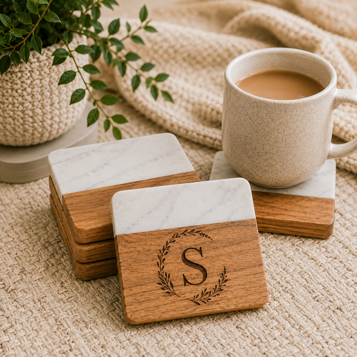 Personalized Wood & Marble Coaster Set - Charlie + Pine