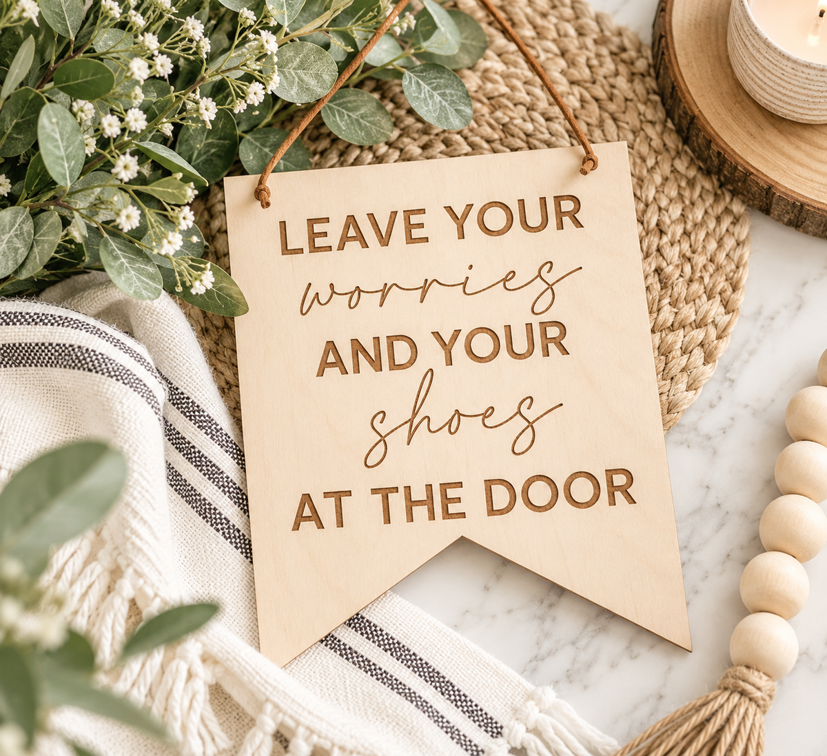 Leave Your Worries and Your Shoes at the Door Sign - Charlie + Pine