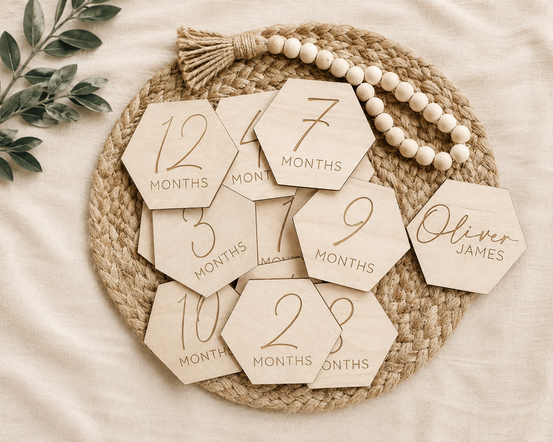 Wooden Baby Milestone Set | Monthly Discs & Birth Stats Photo Props - Charlie + Pine