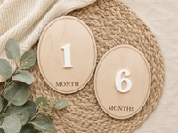 Wooden Baby Monthly Milestone Discs – 3D Oval Photo Prop Set (1-12 Months) – Neutral Keepsake Gift for Newborns
