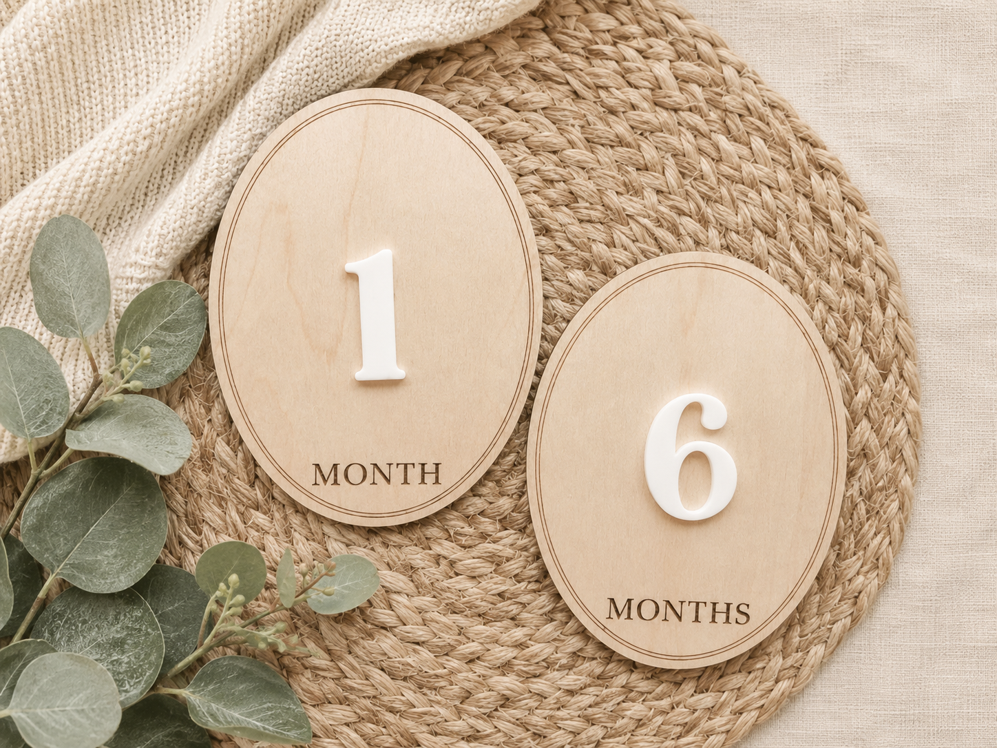 Wooden Baby Monthly Milestone Discs – 3D Oval Photo Prop Set (1-12 Months) – Neutral Keepsake Gift for Newborns