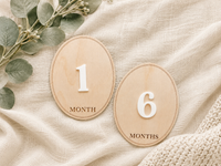 Wooden Baby Monthly Milestone Discs – 3D Oval Photo Prop Set (1-12 Months) – Neutral Keepsake Gift for Newborns