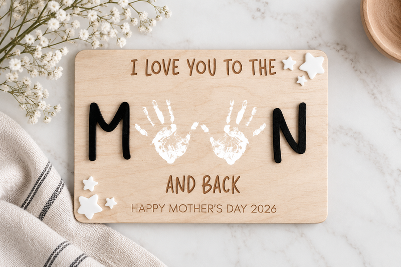 Personalized Mother’s Day Handprint Sign – We Love You to the Moon and Back - Charlie + Pine