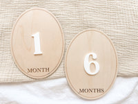 Wooden Baby Monthly Milestone Discs – 3D Oval Photo Prop Set (1-12 Months) – Neutral Keepsake Gift for Newborns