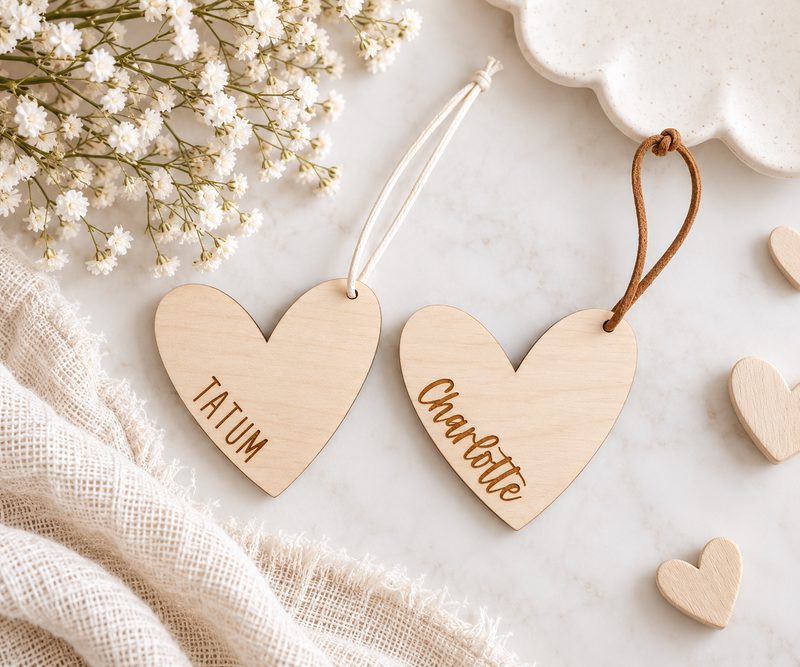 Engraved Wooden Heart Name Tags | Valentine Gift Tags - Charlie + Pine