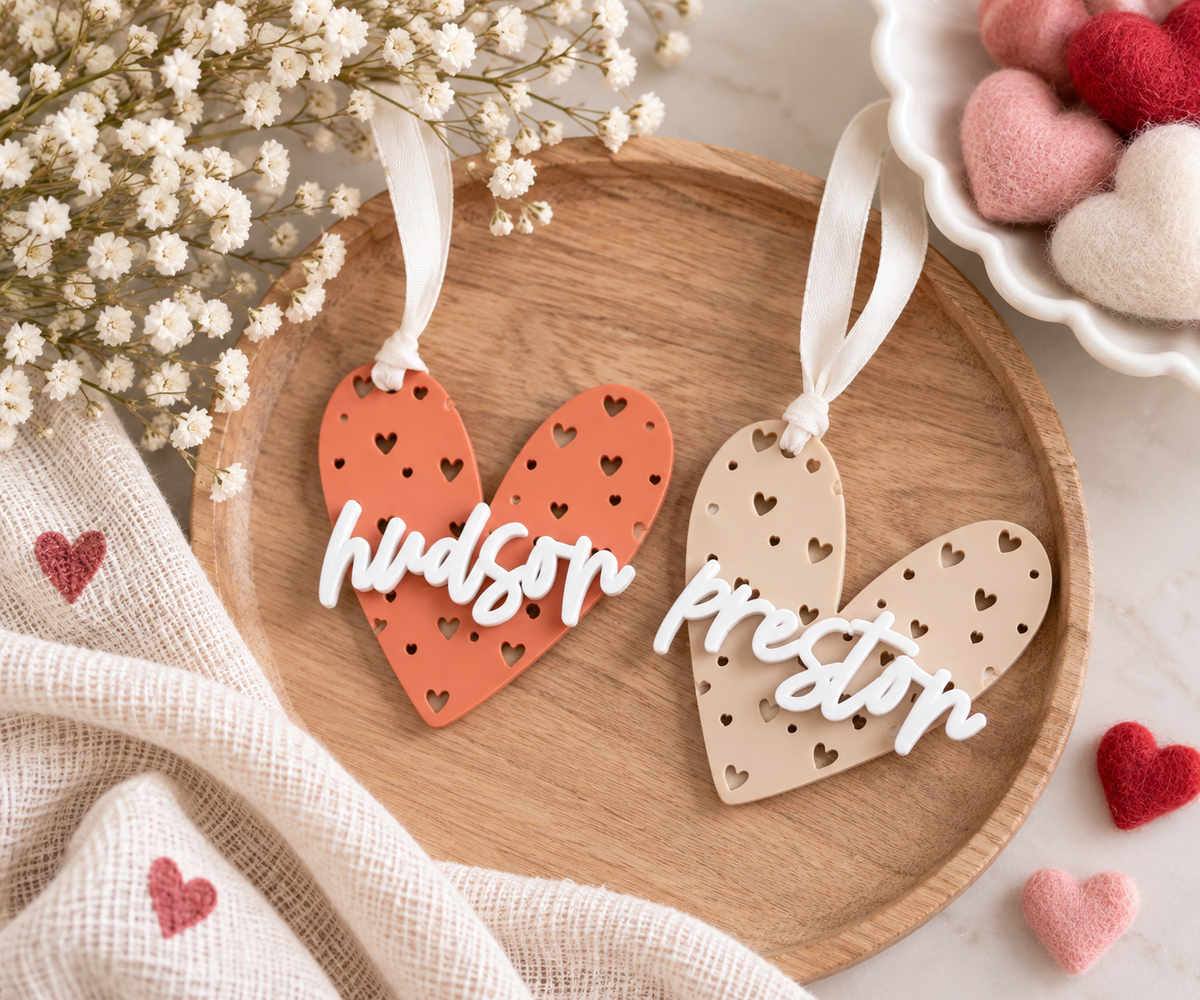 Custom Acrylic Heart Name Tags | Valentine Gift Tags - Charlie + Pine