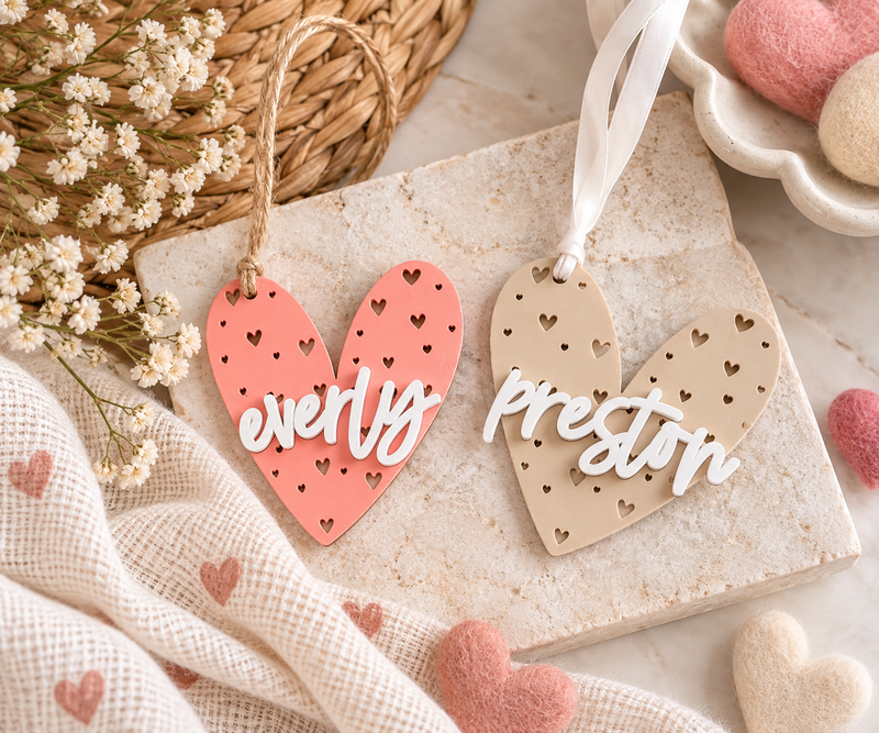Custom Acrylic Heart Name Tags | Valentine Gift Tags - Charlie + Pine